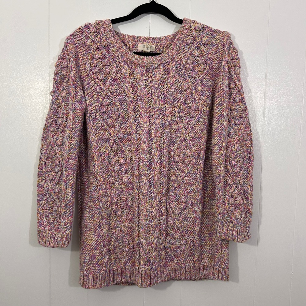 Lands End Canvas Womens‎ M Multi Color Pastel Cable Knit Cotton Sweater Pullover